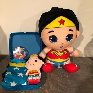 Wonder Woman socks &plush mini & Tupperware sandwich container and cape